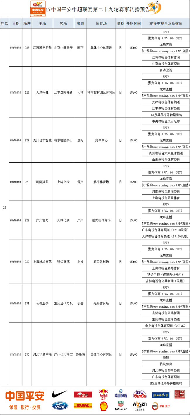 中超第29轮转播计划:统一开球 央视转华夏战恒