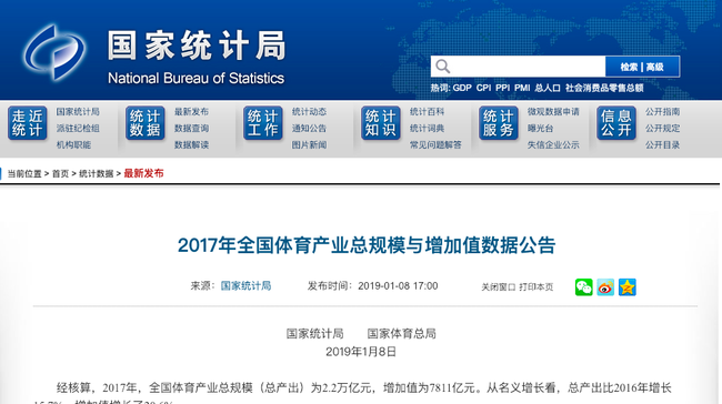 2017年全国体育产业总规模为2.2万亿元