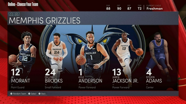 灰熊全隊NBA2k22能力值:莫蘭特85 亞當斯79