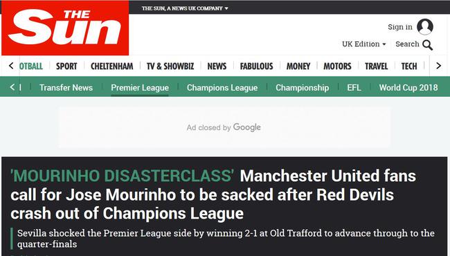 《太阳报》报道截图：曼联球迷呼吁俱乐部解雇穆里尼奥