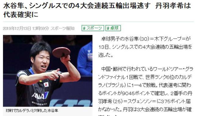 水谷隼错失奥运单打席位 丹羽孝希张本智和入围