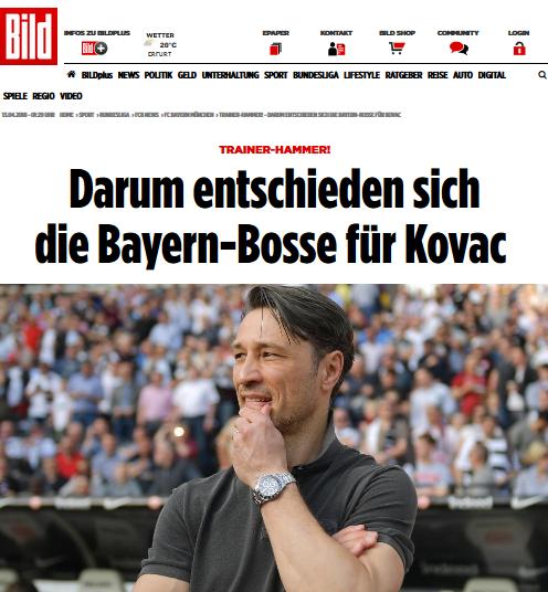 《图片报》《踢球者》报道称科瓦奇将入主拜仁