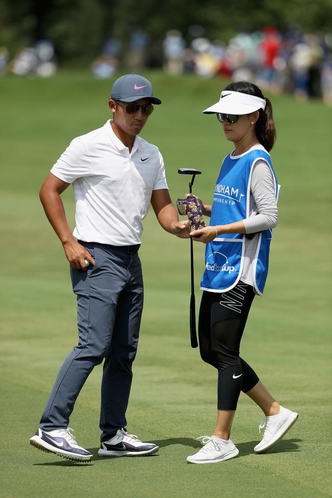 潘政琮与妻子兼球童林盈君在温德姆锦标赛决赛轮。Streeter Lecka/Getty Images