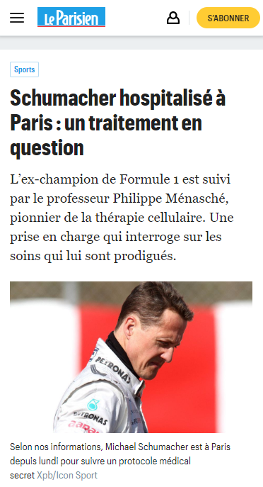 《巴黎人报》9月10日的报道截图，透露舒马赫在巴黎接受秘密治疗