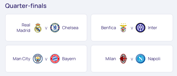 欧冠四分之一决赛抽签：曼城VS拜仁、AC米兰、那不勒斯内战