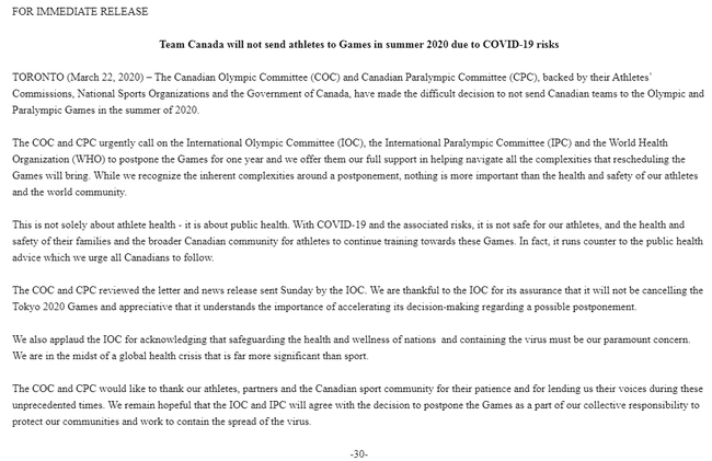 加拿大奥委会声明：如果东京奥运会不延期，将不派运动员参加