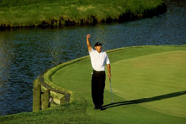 2001年球员锦标赛,伍兹在17号洞庆祝(图/Getty Images)