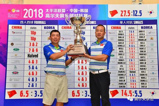 中国队队长陈树新(左)和副队长孙平香共同捧起冠军奖杯