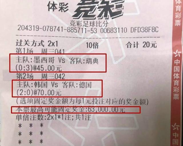 幸运!小白20元揽竞彩6.3万:买德国0-2因打错票