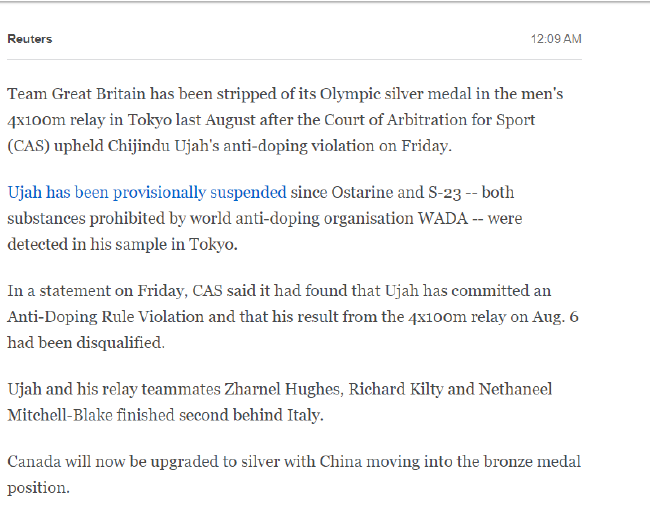 英国队东京奥运会银牌被剥夺后，苏炳添领衔的中国队将递进获得铜牌。