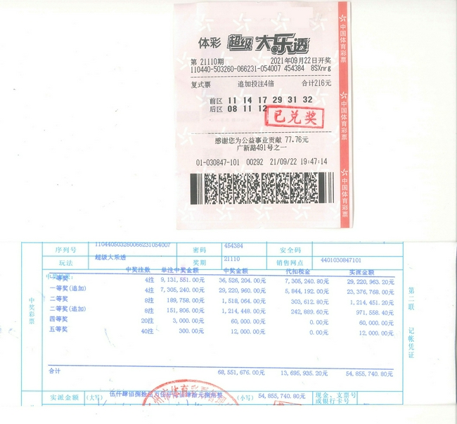 中奖彩票及兑奖凭证