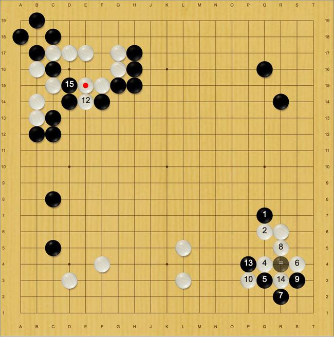 黑37时星阵推Q7,之后的进程如上图(黑盘面3.6目)(=处为3,11)