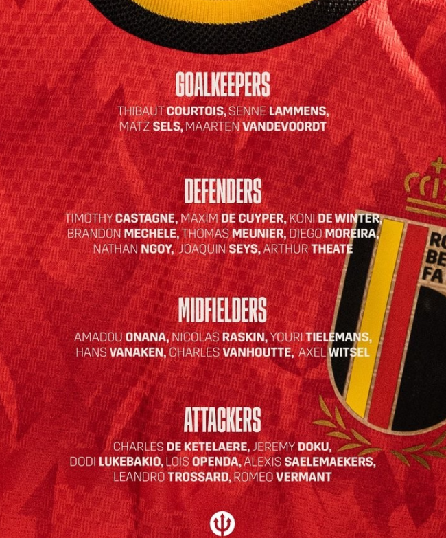 比利时大名单：德布劳内缺阵 多库、特罗萨德在列