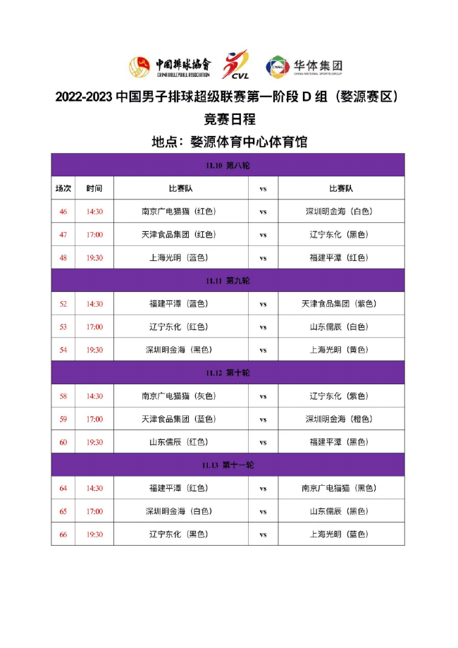 2022-2023赛季中国男子排球超级联赛D组婺源赛区竞赛日程