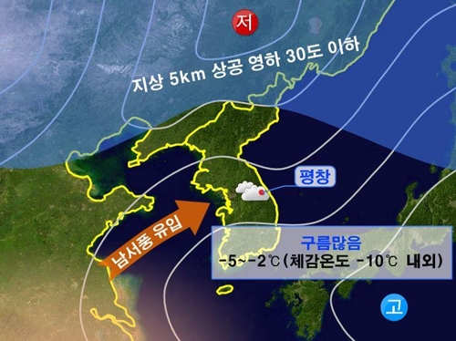 2018平昌冬奥会开幕式当天（2月9日）的天气预报（韩联社/韩国气象厅提供）