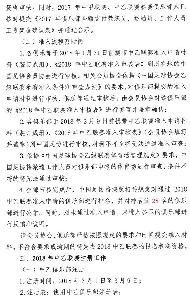 足协发布2018中乙联赛 转让准入和注册工作的