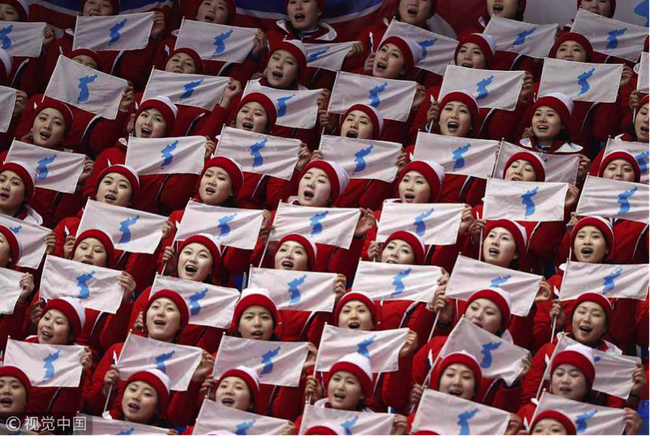 看台上挥舞着统一旗的朝鲜啦啦队