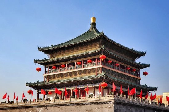 假期期间，西安钟楼上的国旗迎风飘扬