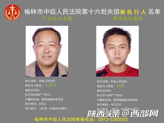 榆林法院曝光一批“老赖”名单。