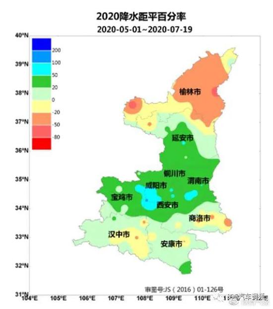 图2 2020年5月1日-7月19日降水距平百分率分布图(%)