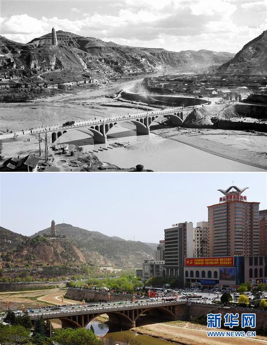 这是一张拼版照片:上图为20世纪60年代的延安城(资料照片);下图为4月25日拍摄的延安城( 新华社记者刘潇摄)。 新华社发