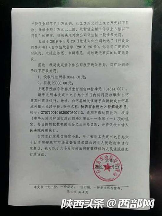白河县市场监管局出具的行政处罚书