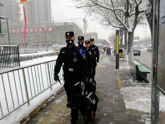 巡警大隊攜犬雪中巡邏，全力守護群眾平安。