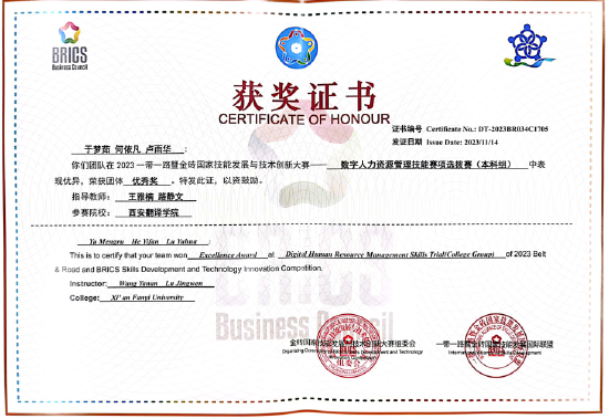 2023年金砖国家技能发展与技术创新大赛-数字人力资源管理技能大赛三等奖