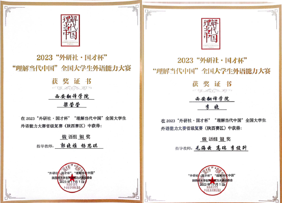学生参加“外研社·国才杯”“理解当代中国”全国大学生外语能力大赛获奖证书