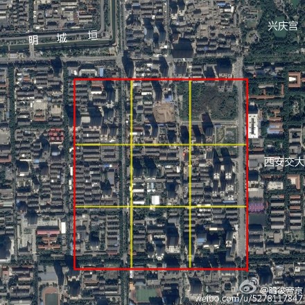 衛(wèi)星圖片顯示大唐東市區(qū)域 在興慶宮附近