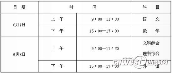 2016年高考全國(guó)統(tǒng)考各科考試時(shí)間。