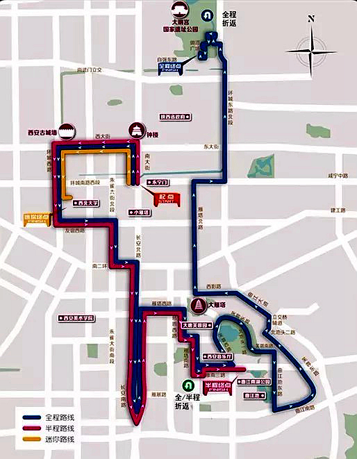 2017西安国际马拉松路线图：比赛起点设在南门，终点设在大明宫国家遗址公园。