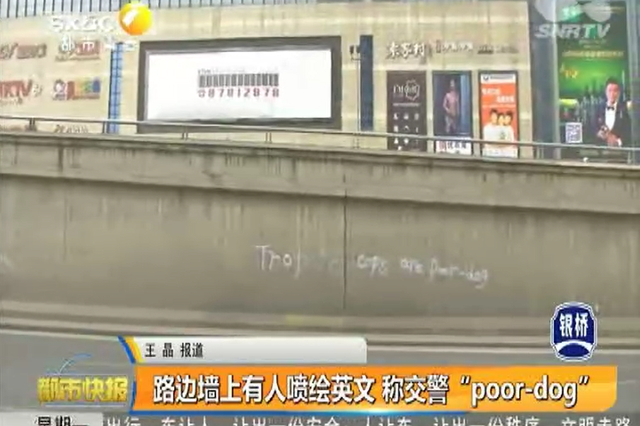 路边墙上有人喷绘英文 称交警“poor-dog”