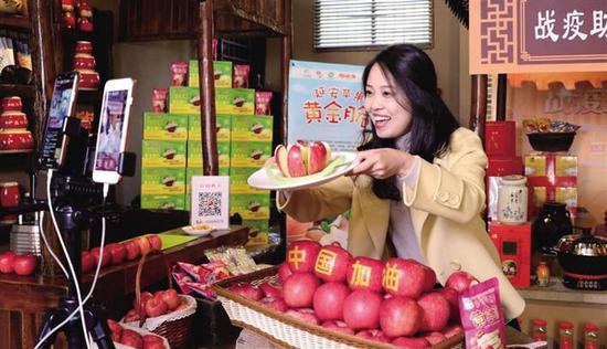 宜川直播带货销售苹果。