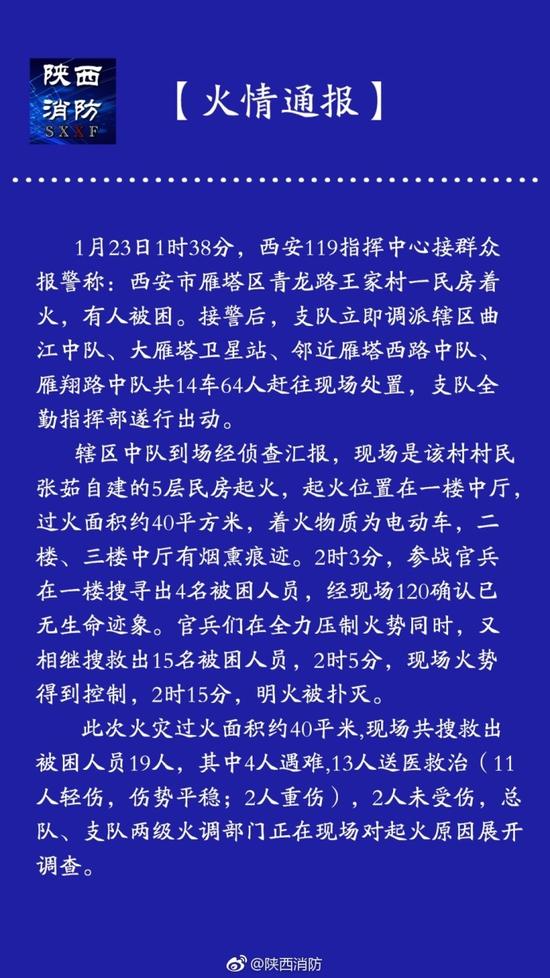 陜西消防關(guān)于陜西省西安市雁塔區(qū)青龍路王家村民房火災(zāi)情況通報(bào)