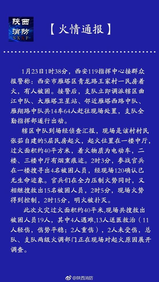 陕西消防关于陕西省西安市雁塔区青龙路王家村民房火灾情况通报