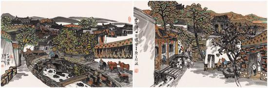 《山里村落》68X45cm(左),《山西啧口》68X45cm(右)