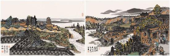 《陕西丰图义仓》68X45cm(左),《陕西佳县香炉寺》68X45cm(右)