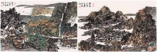 《雁荡山下的村落》68X45cm(左),《雁荡山写生》68X45cm(右)