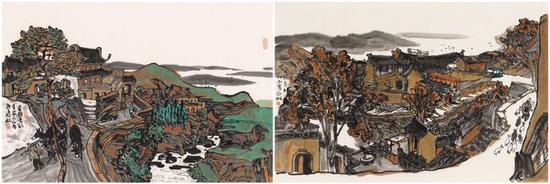 《秦腔晋韵》68X45cm(左),《秋色中的山寨》46X68cm(右)