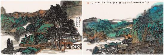 《雁荡山方山》68X45cm(左),《雁荡山方山写生》68X45cm(右)