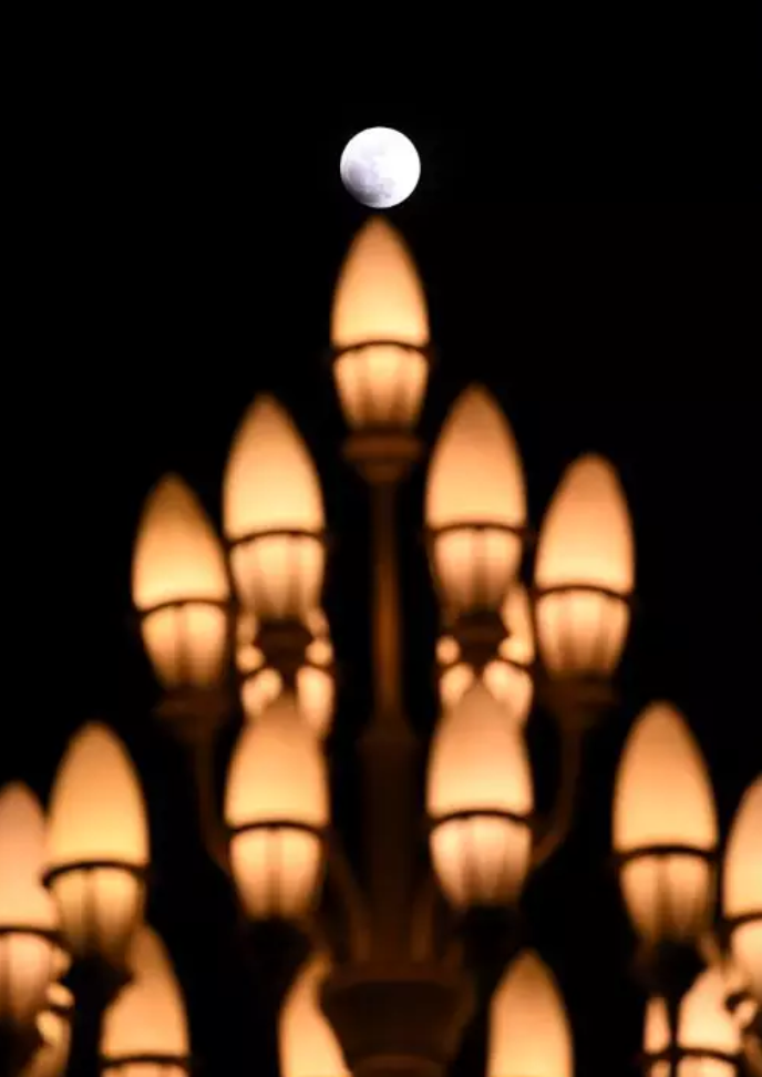 这是在北京拍摄的月亮，与人民大会堂外的玉兰灯相映成趣