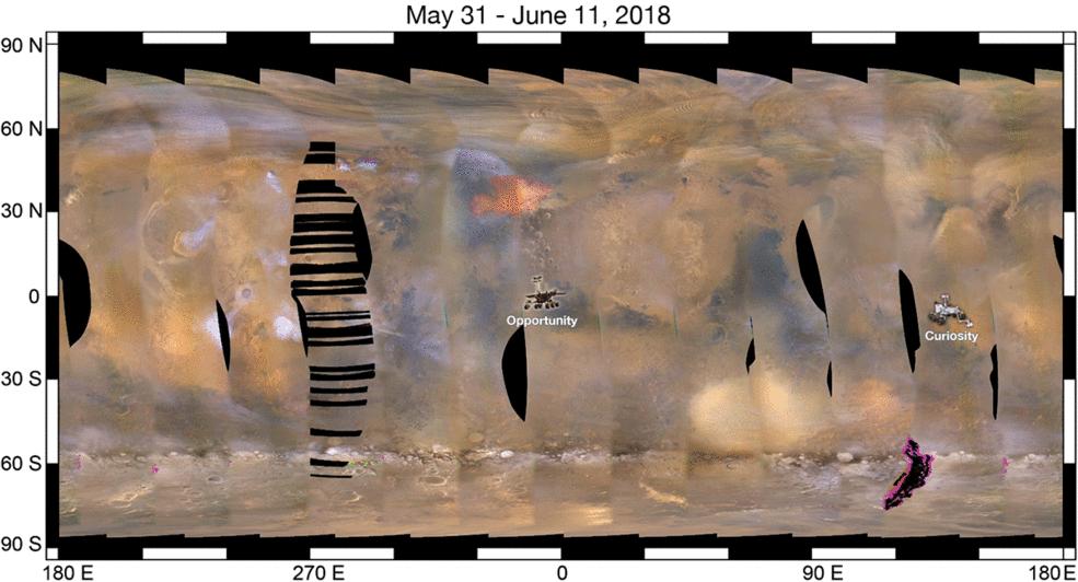 图为逐渐加剧的火星沙尘暴。