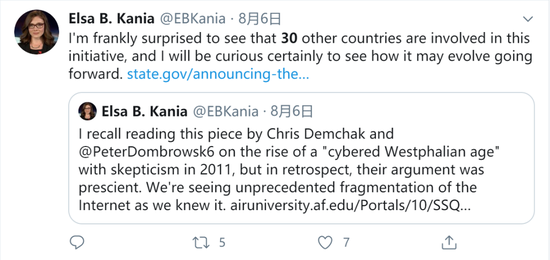 科技和国家安全计划（CNAS）研究员Else Kania表示，她惊讶有30个国家参与了这个提议/Twitter