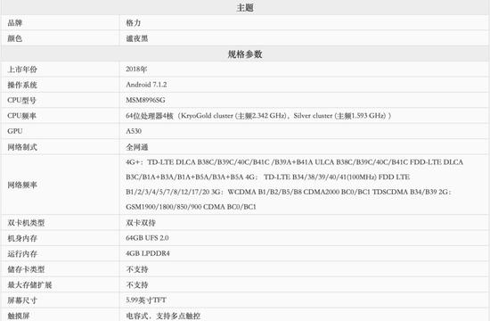 格力手机部分规格参数(图片来源:格力商城)