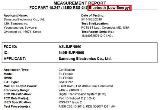 FCC报告显示S Pen手写笔是一部蓝牙设备(图片来自FCC官网截图)