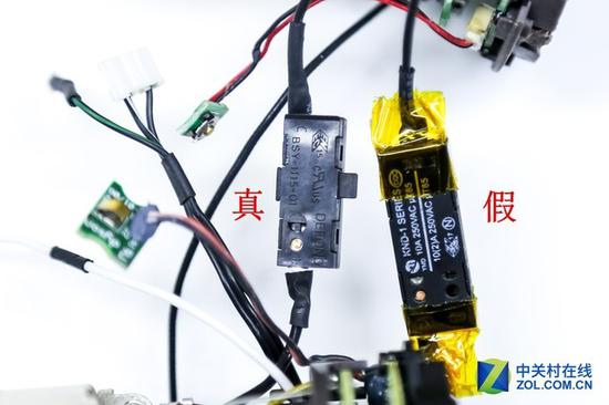 假货吹风机采用三无劣质开关 质量无保障,是造成起火的主要原因