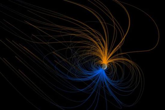 ○ 显示了地球周围磁场的艺术构想图。| 图片来源:Greg Shirah & Tom Bridgman, NASA/Goddard Space Flight Center Scientific Visualization Studio