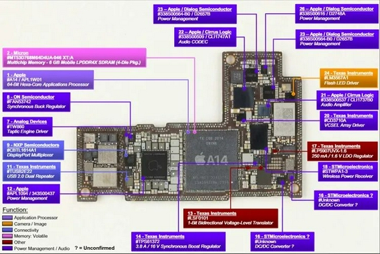 ▲图中代号23为苹果自研电源管理芯片，图片来源：electronics360
