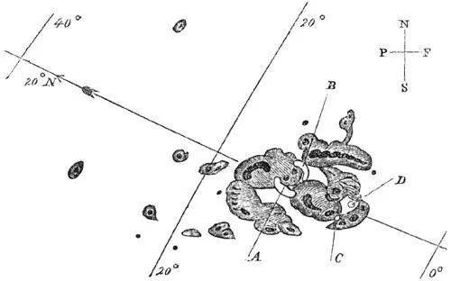 卡林顿在1859年9月1日的素描的太阳黑子。A和B标记了一个强烈的明亮事件的初始位置，该事件在消失之前经过五分钟的时间移动到C和D。（图片来源：维基百科）
